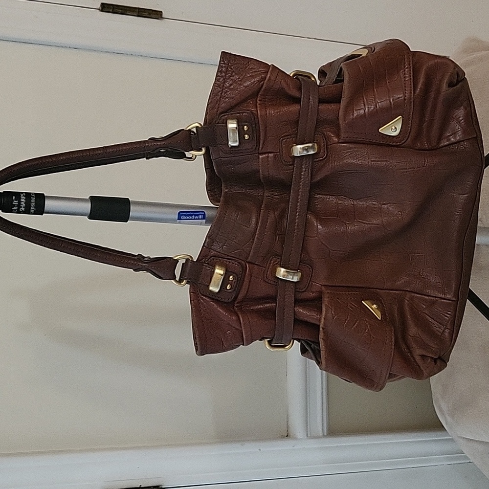 B. Makowsky Brown Mahogany Leather Belted Shoulder Satchel Bag - Picture 3 of 12